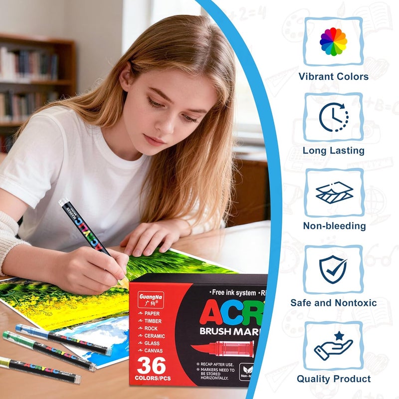 GuangNa Acrylic Paint Markers Brush Tip, 36 Vivid Colors with Direct-Liquid Ink Control System, Professional-Grade Paint Pen for Rock Painting, Canvas, Glass, Plastic, Fabric, Eggs - Image 4